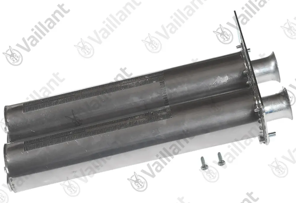 Zwei metallische Brennerteile von Vaillant, verbunden, mit Schrauben. Oberfläche mit Rillen und abgerundeten Enden.